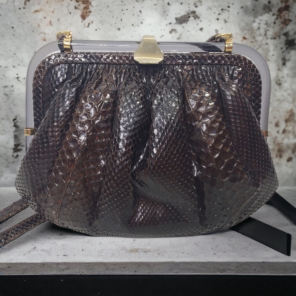 PARRI'S Florence Vintage Brown Snakeskin Crossbody Bag Lucite Trim Leather Italy